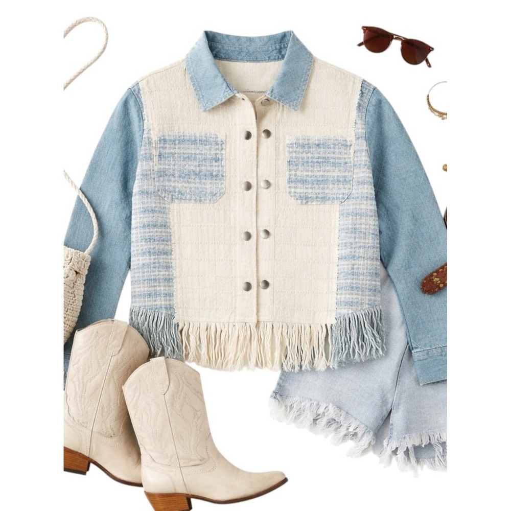 Miss Me Tweed Denim Patchwork Fringe Hem Jacket NWOT Women's Small Western Girl